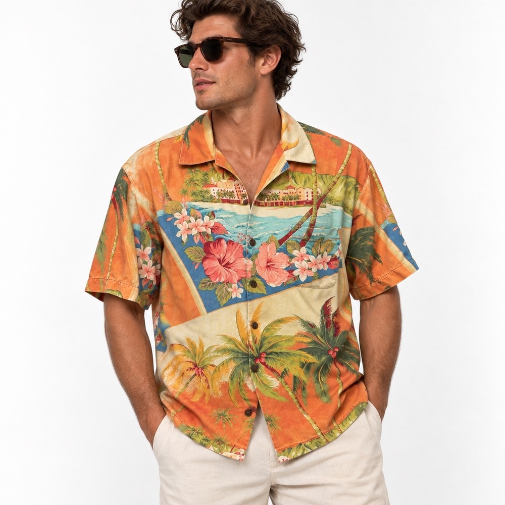 Tommy Bahama Mens Orange Silk Tropical Palm Tree Hibiscus Camp Shirt Medium